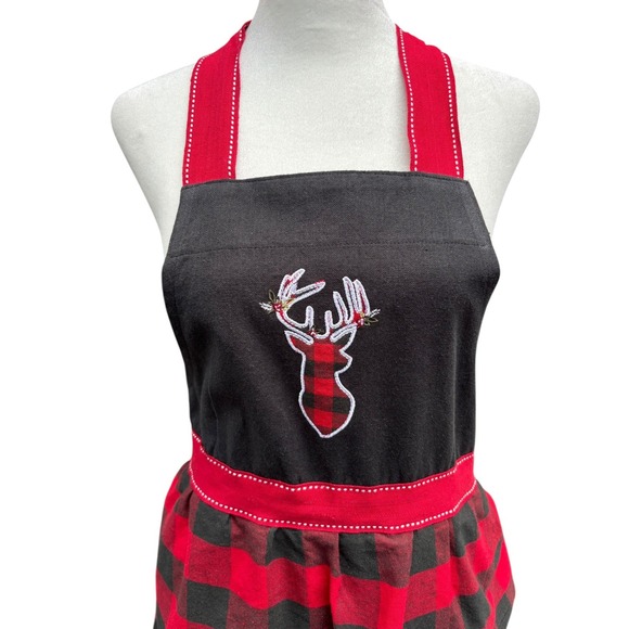 Red Plaid Christmas Holiday Apron with Embroidered Reindeer St. Nicholas Square‎ - Picture 2 of 6